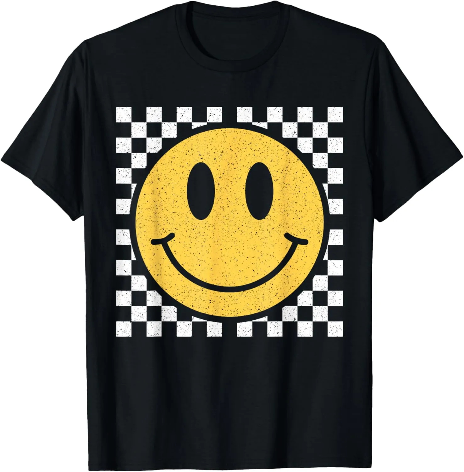 Retro Yellow Happy Face Checkered Pattern Smile Face Trendy T-Shirt