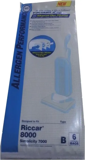 Riccar 8000 Series Type B HEPA Filtration Bags, 6 Pack.