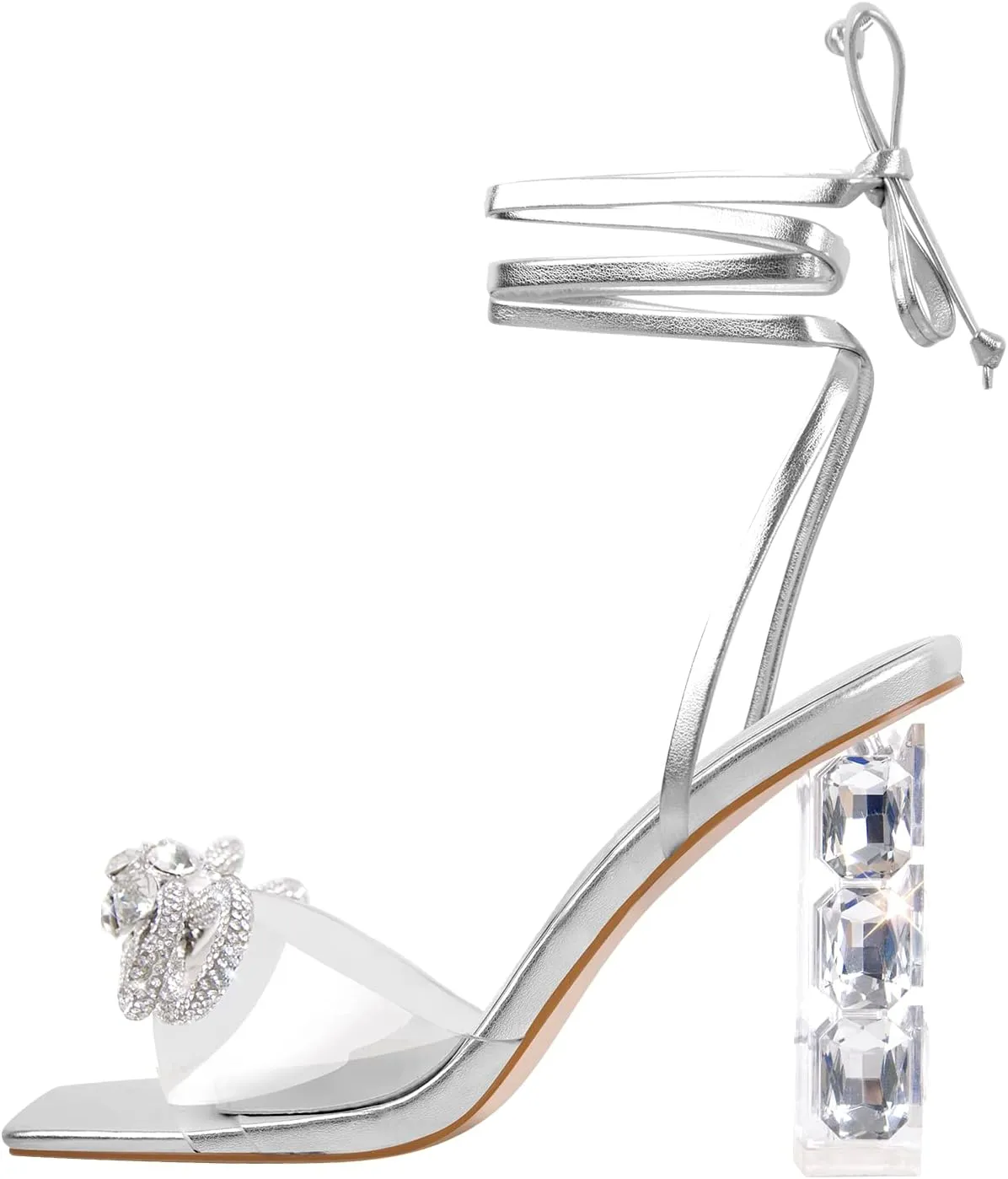 Richealnana Women's Clear Rhinestones Bowknot Sandals For Party Prom Dance Square Toe Chunky Heel