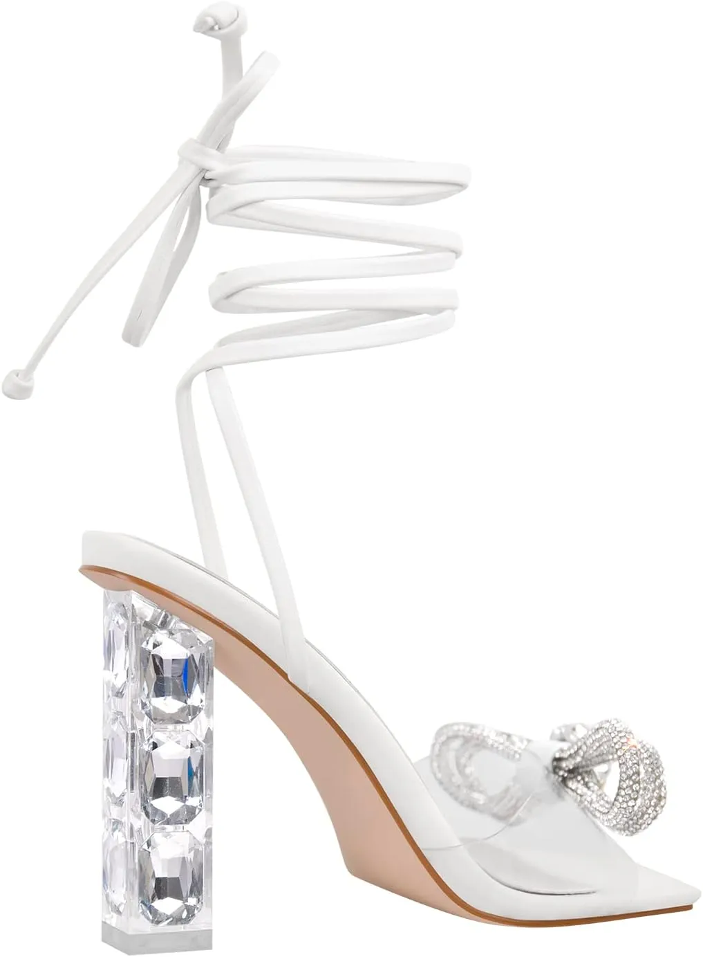 Richealnana Women's Clear Rhinestones Bowknot Sandals For Party Prom Dance Square Toe Chunky Heel