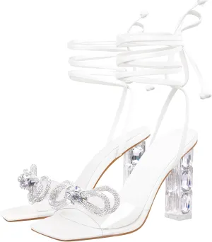 Richealnana Women's Clear Rhinestones Bowknot Sandals For Party Prom Dance Square Toe Chunky Heel