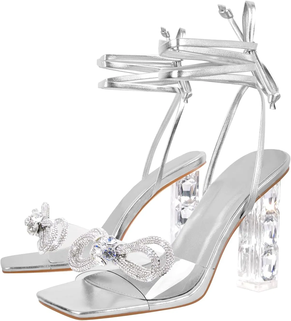 Richealnana Women's Clear Rhinestones Bowknot Sandals For Party Prom Dance Square Toe Chunky Heel