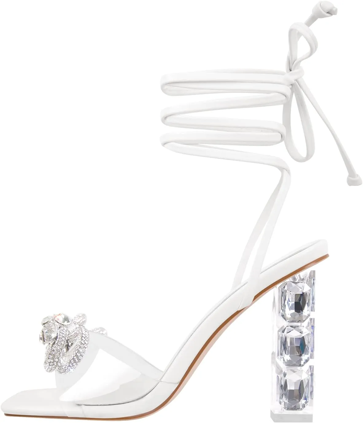 Richealnana Women's Clear Rhinestones Bowknot Sandals For Party Prom Dance Square Toe Chunky Heel