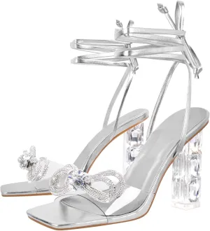 Richealnana Women's Clear Rhinestones Bowknot Sandals For Party Prom Dance Square Toe Chunky Heel