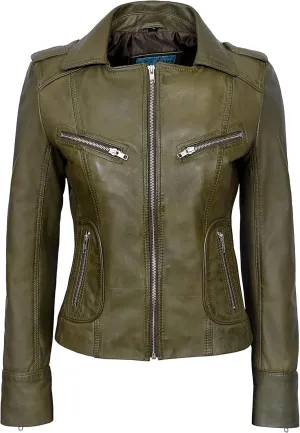 'Rider' Ladies Olive Green Biker Motorcycle Style Soft Real Nappa Leather Jacket 9823