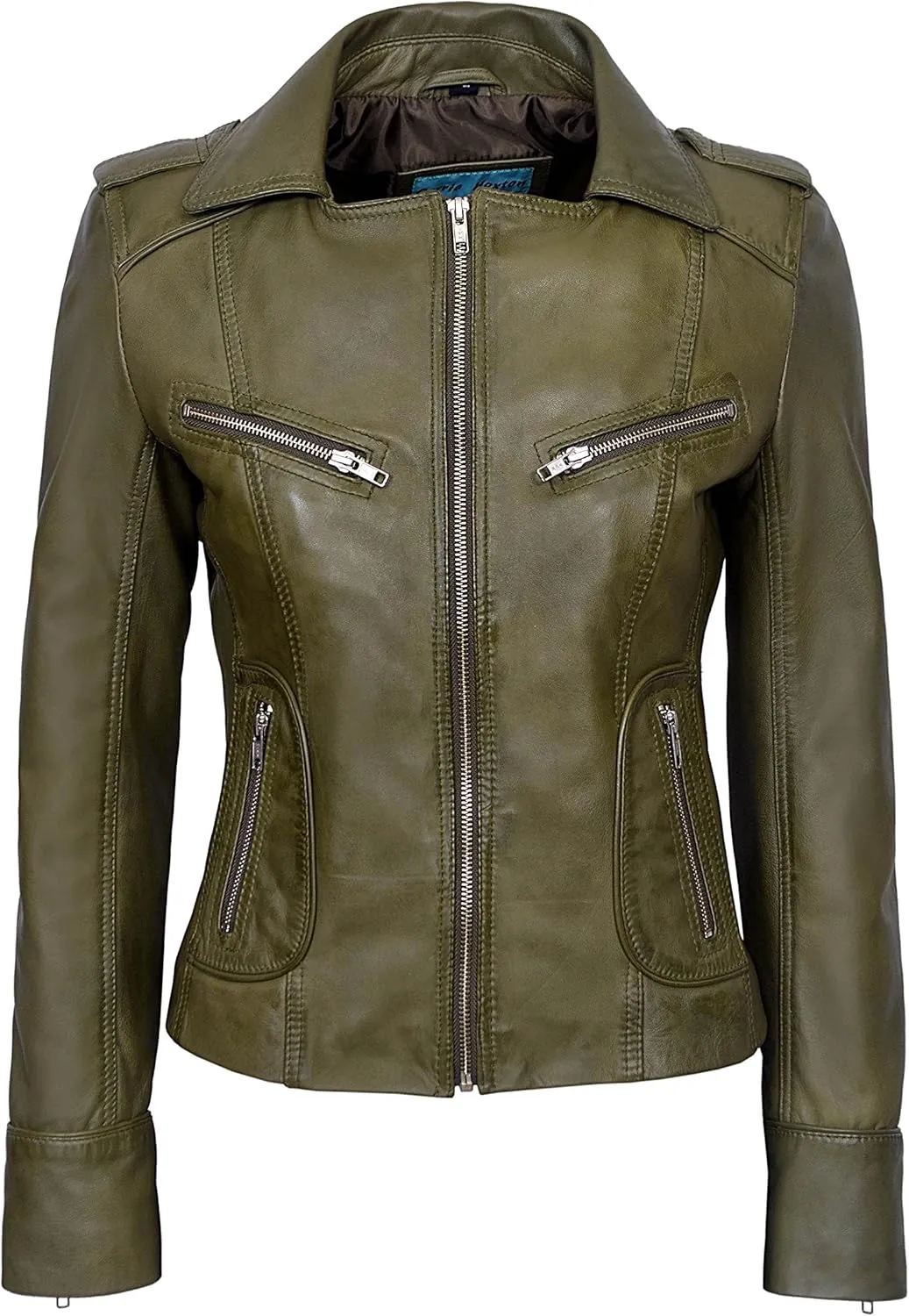 'Rider' Ladies Olive Green Biker Motorcycle Style Soft Real Nappa Leather Jacket 9823
