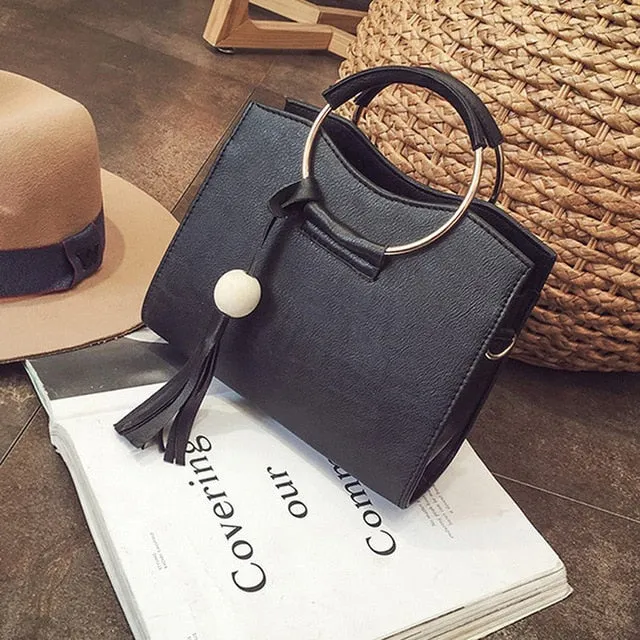 Ring Shoulder Totes Detailed Handbag Leather Women Messenger Bag Crossbody Fashion Top Metal Handle PU Vintage Tassel Rapid issue resolution Women Bags Bags