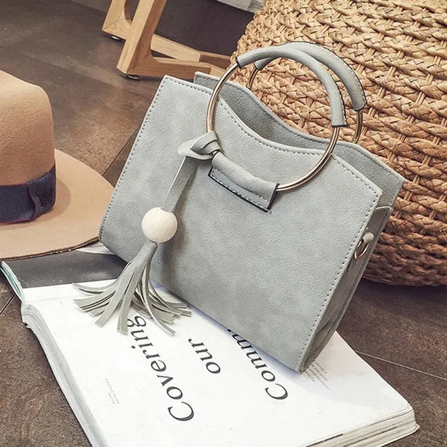 Ring Shoulder Totes Detailed Handbag Leather Women Messenger Bag Crossbody Fashion Top Metal Handle PU Vintage Tassel Rapid issue resolution Women Bags Bags