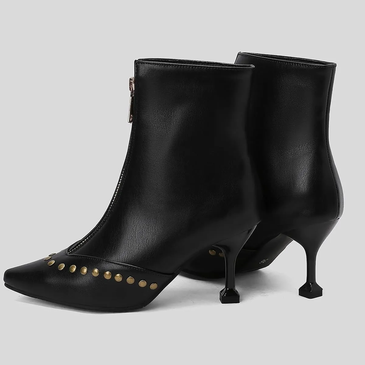 Rivet Studded Ankle Boots Stiletto High Heels Front Zipper Snakeskin Booties