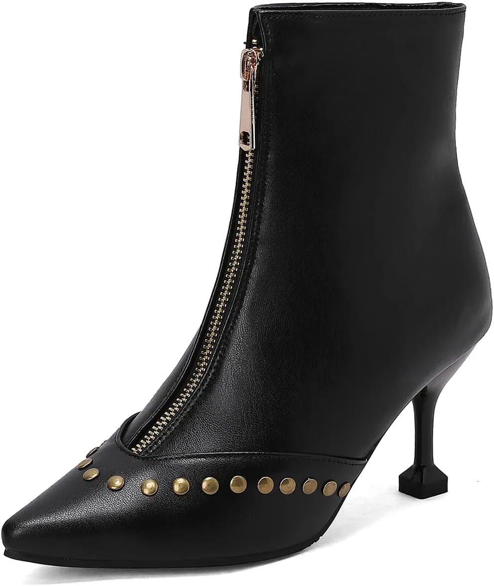 Rivet Studded Ankle Boots Stiletto High Heels Front Zipper Snakeskin Booties
