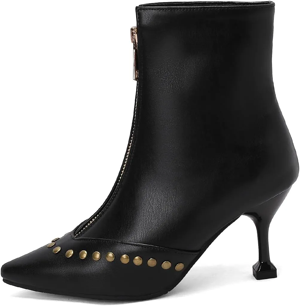 Rivet Studded Ankle Boots Stiletto High Heels Front Zipper Snakeskin Booties