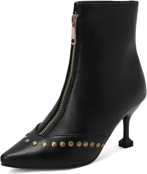 Rivet Studded Ankle Boots Stiletto High Heels Front Zipper Snakeskin Booties