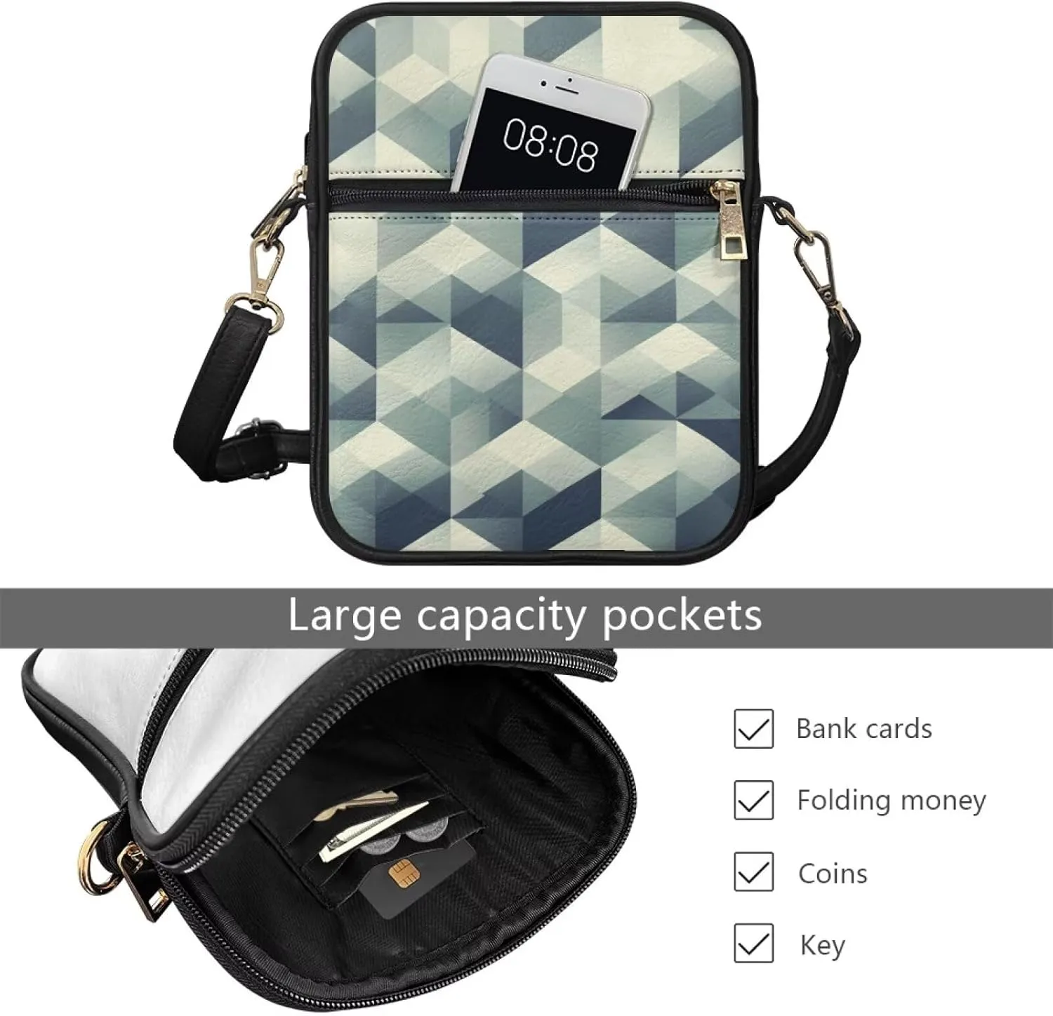 Rnyleeg Geometric Leather Messenger Bag for Women Men Crossbody Small Sling Bag with Adjustable Shoulder Strap