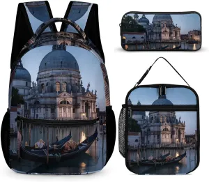 Roman Catholic Santa Maria Salute Venice Italy 3PCS Backpack Set Travel Laptop Daypack with Lunch Bag And Pencil Case