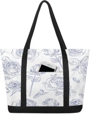 Rose Pattern Print Canvas Tote Bag Casual Shoulder Handbag Large Shopping Bags With 5 Pocket Carry On Weekender Backpack for Women Travel Work Gifts Duffle Grocery Compartment