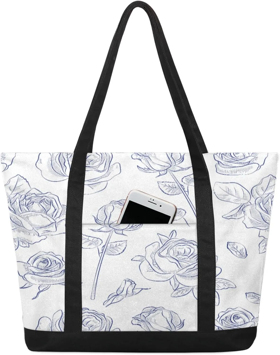 Rose Pattern Print Canvas Tote Bag Casual Shoulder Handbag Large Shopping Bags With 5 Pocket Carry On Weekender Backpack for Women Travel Work Gifts Duffle Grocery Compartment