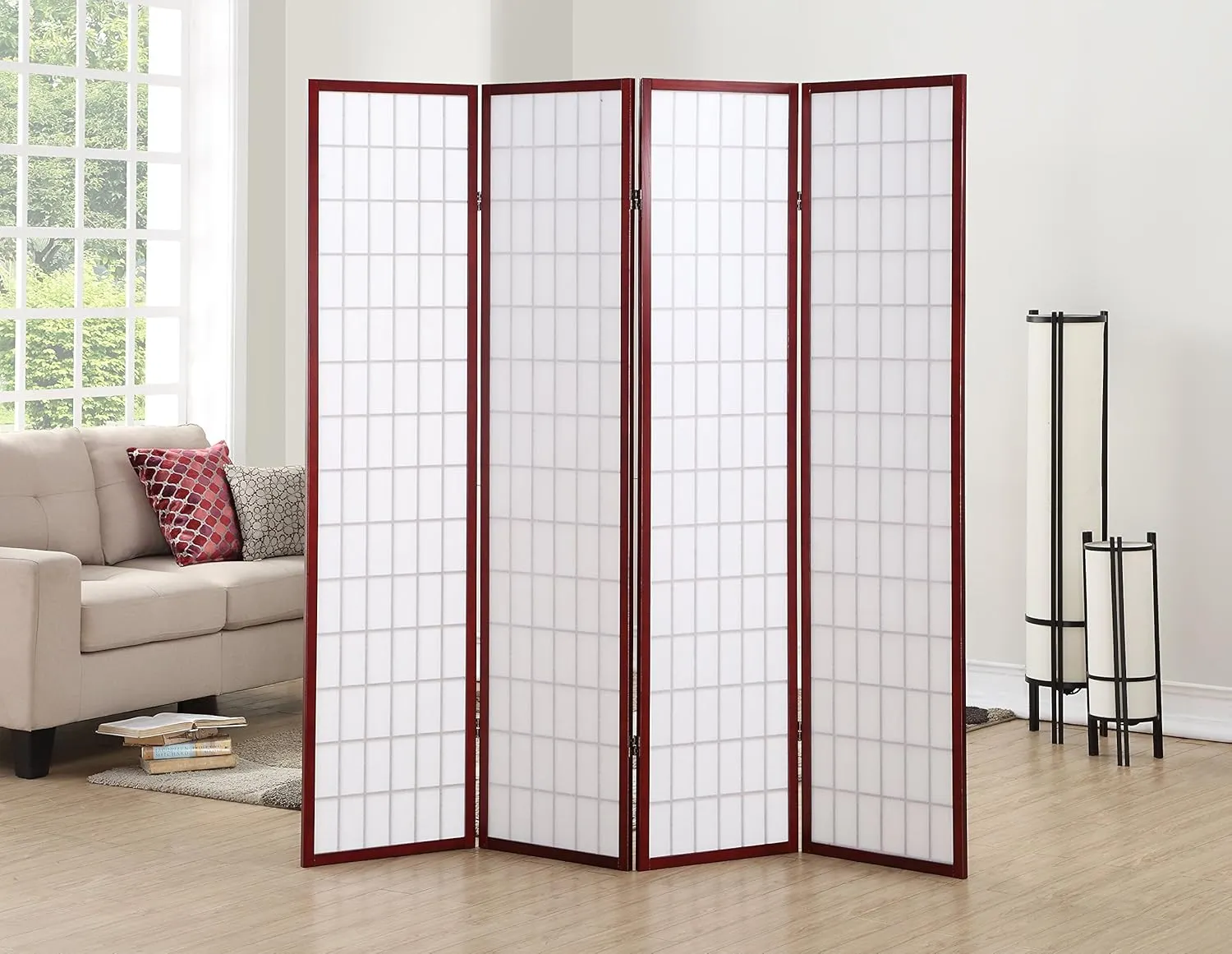 Roundhill Furniture Oriental Shoji 4 Panel Screen Room Divider, Cherry
