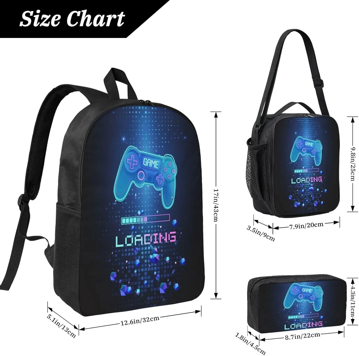 SENROLAN Gamepad Backpack Set Games Gaming Backpacks Lunch Bag Pencil Case 3 Pieces Boys Backpacks Ages 8-10