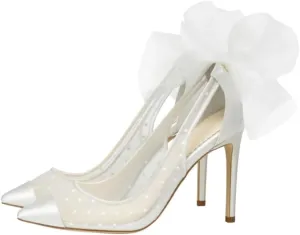sexytag Women's Polka Dot Bow Heels Mesh Stiletto Heels Slip On Closed Pointed Toe Wedding Pumps 3 Inch