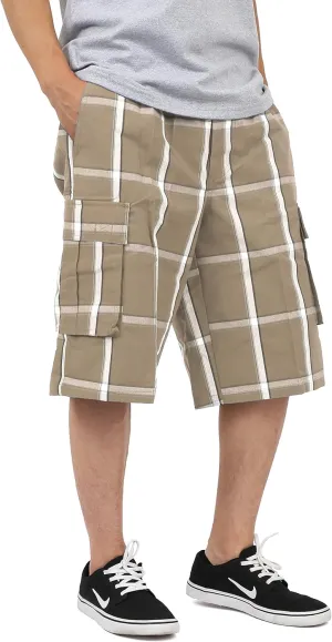Shaka Mens Plaid Shorts Checkered Cargo Cotton Loose Fit Pocket S-5XL Solid