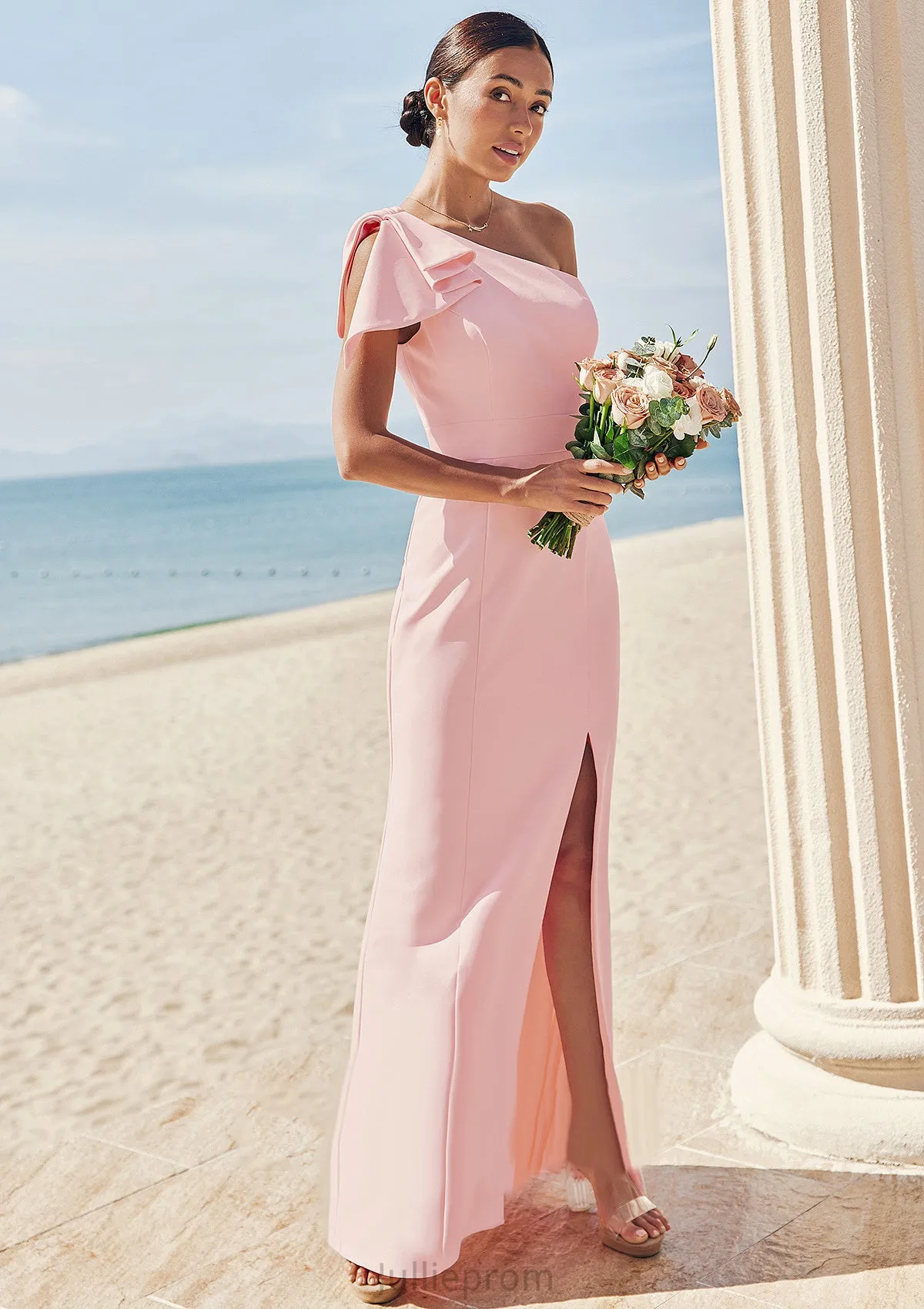 Sheath/Column One-Shoulder Sleeveless Floor-Length Stretch Crepe Bridesmaid Dresses with Bowknot Split Jada DQP0025230