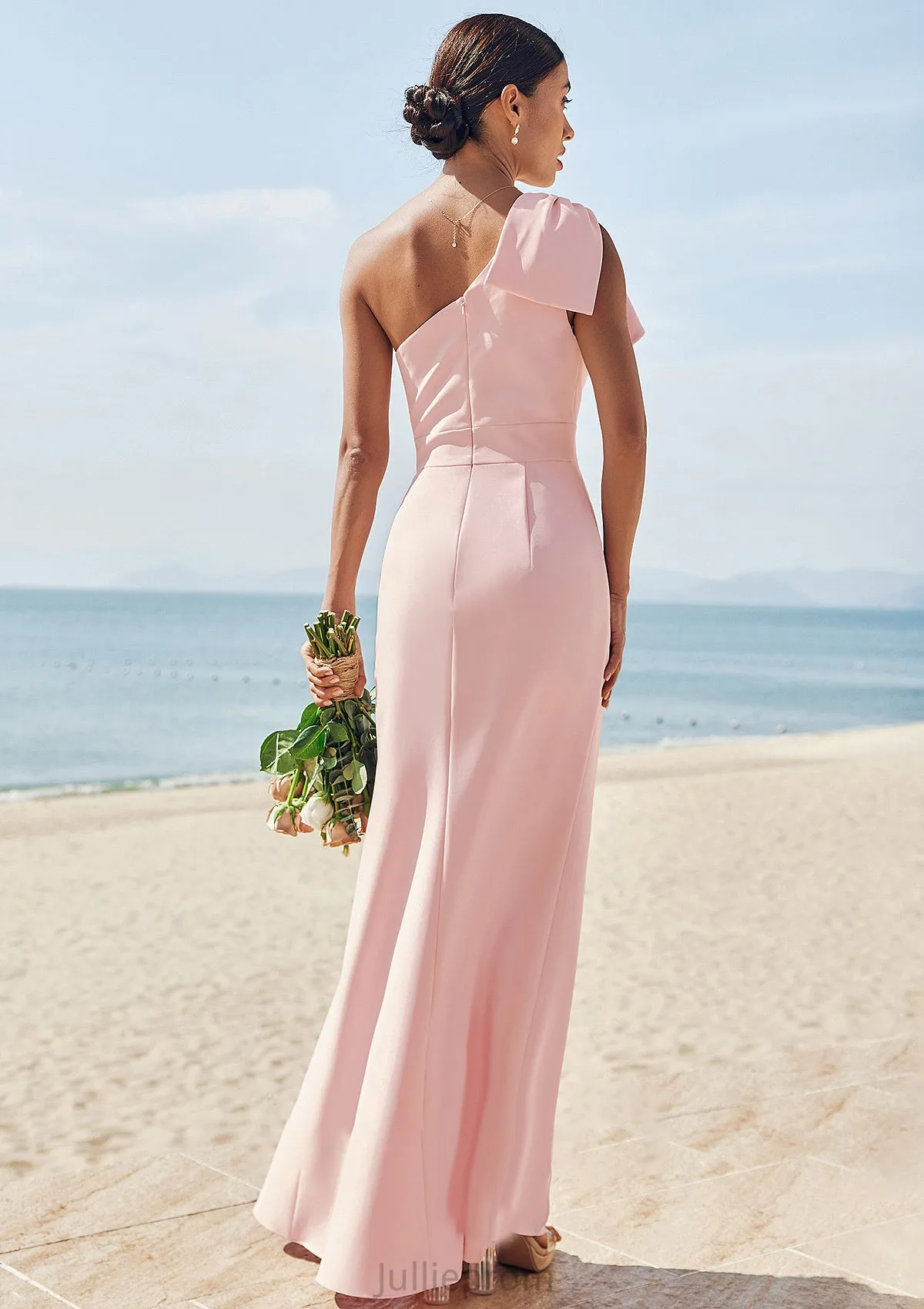 Sheath/Column One-Shoulder Sleeveless Floor-Length Stretch Crepe Bridesmaid Dresses with Bowknot Split Jada DQP0025230