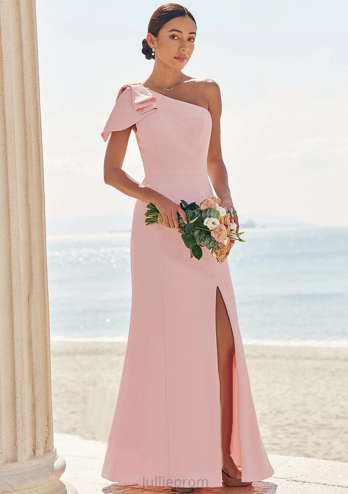 Sheath/Column One-Shoulder Sleeveless Floor-Length Stretch Crepe Bridesmaid Dresses with Bowknot Split Jada DQP0025230