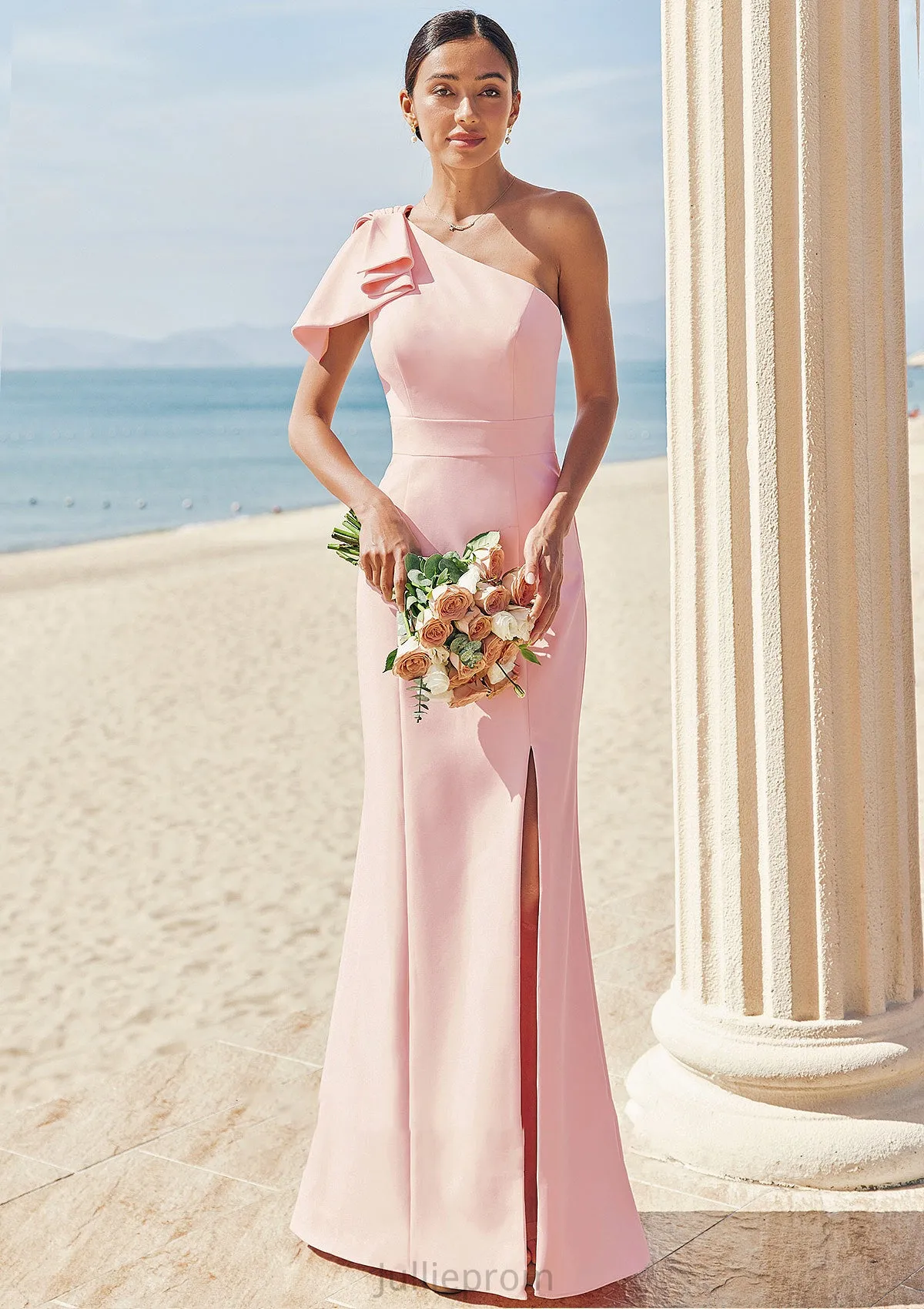 Sheath/Column One-Shoulder Sleeveless Floor-Length Stretch Crepe Bridesmaid Dresses with Bowknot Split Jada DQP0025230