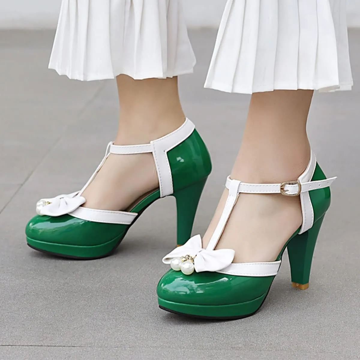 SHEMEE Women's Patent Leather T-Strap Mary Jane Pumps Chunky High Heel Platform Ankle Strap Buckle Round Toe Cute Bow Kawaii Cosplay Shoes