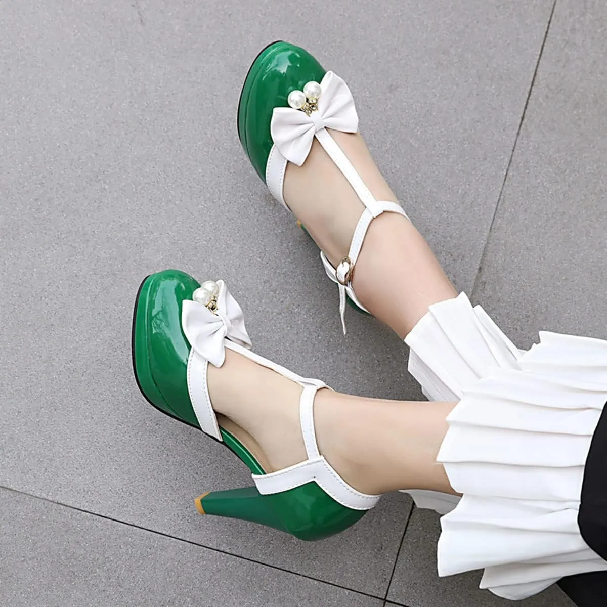 SHEMEE Women's Patent Leather T-Strap Mary Jane Pumps Chunky High Heel Platform Ankle Strap Buckle Round Toe Cute Bow Kawaii Cosplay Shoes