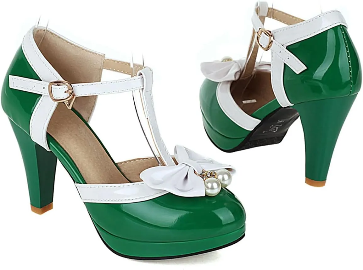 SHEMEE Women's Patent Leather T-Strap Mary Jane Pumps Chunky High Heel Platform Ankle Strap Buckle Round Toe Cute Bow Kawaii Cosplay Shoes