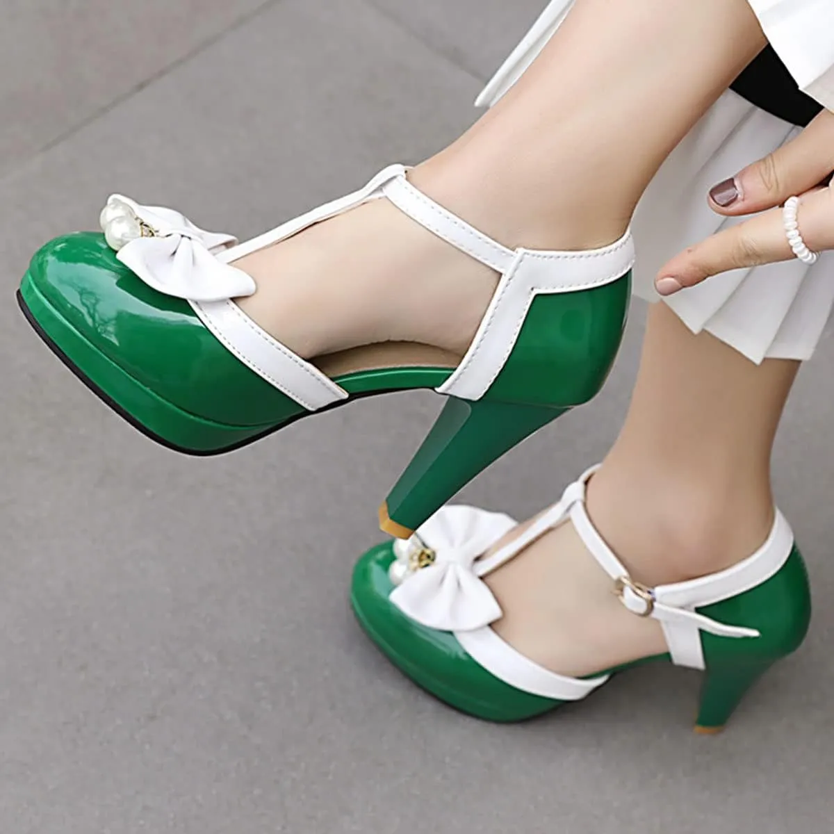 SHEMEE Women's Patent Leather T-Strap Mary Jane Pumps Chunky High Heel Platform Ankle Strap Buckle Round Toe Cute Bow Kawaii Cosplay Shoes