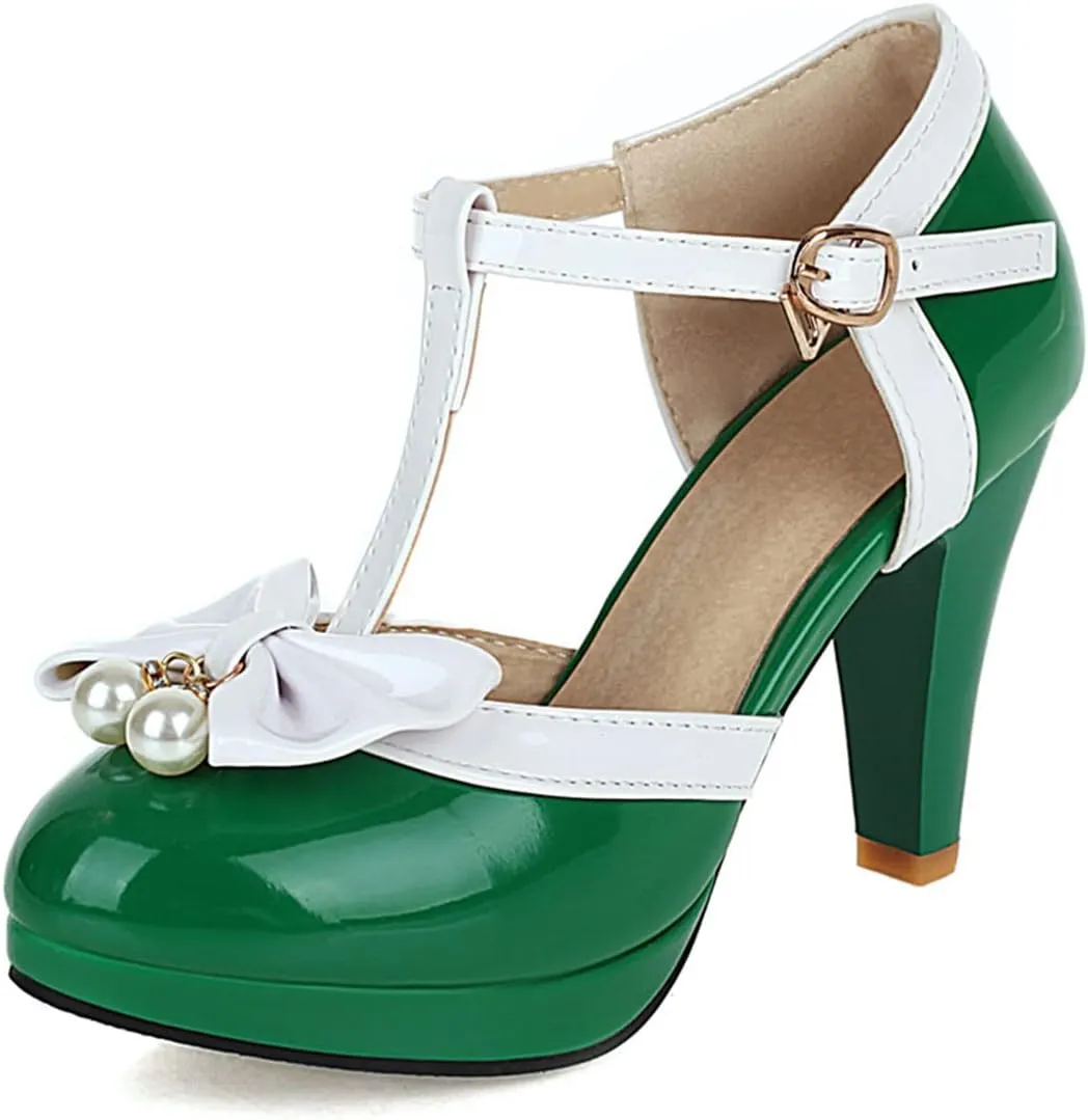 SHEMEE Women's Patent Leather T-Strap Mary Jane Pumps Chunky High Heel Platform Ankle Strap Buckle Round Toe Cute Bow Kawaii Cosplay Shoes