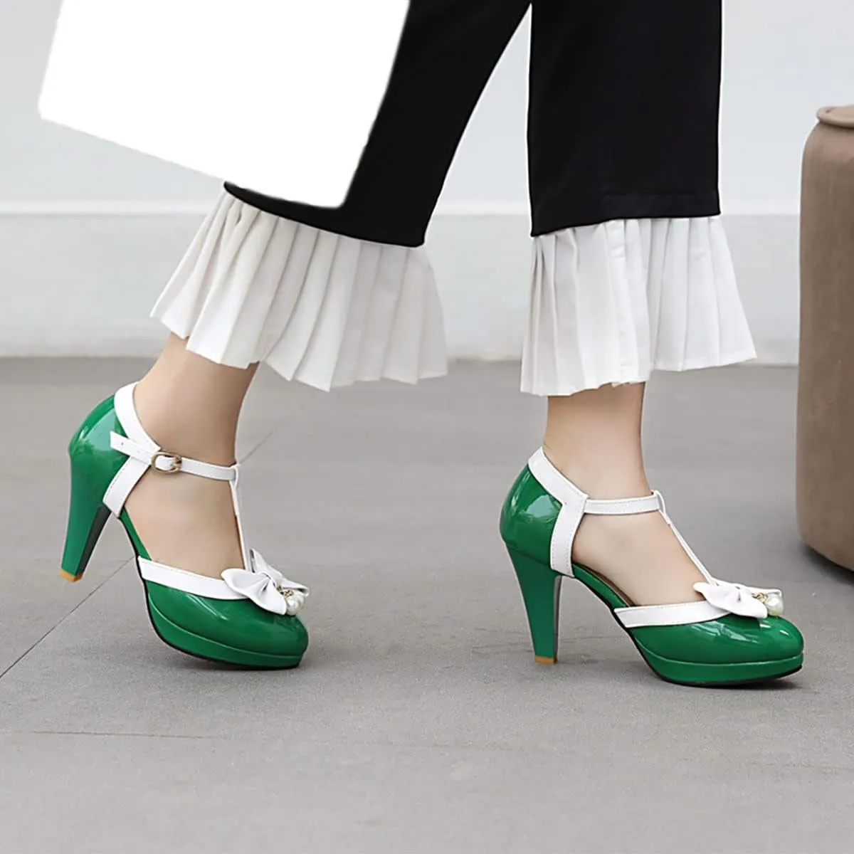 SHEMEE Women's Patent Leather T-Strap Mary Jane Pumps Chunky High Heel Platform Ankle Strap Buckle Round Toe Cute Bow Kawaii Cosplay Shoes