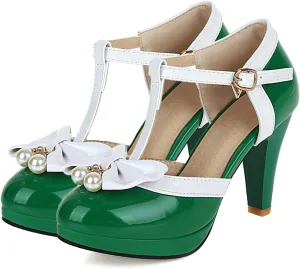 SHEMEE Women's Patent Leather T-Strap Mary Jane Pumps Chunky High Heel Platform Ankle Strap Buckle Round Toe Cute Bow Kawaii Cosplay Shoes