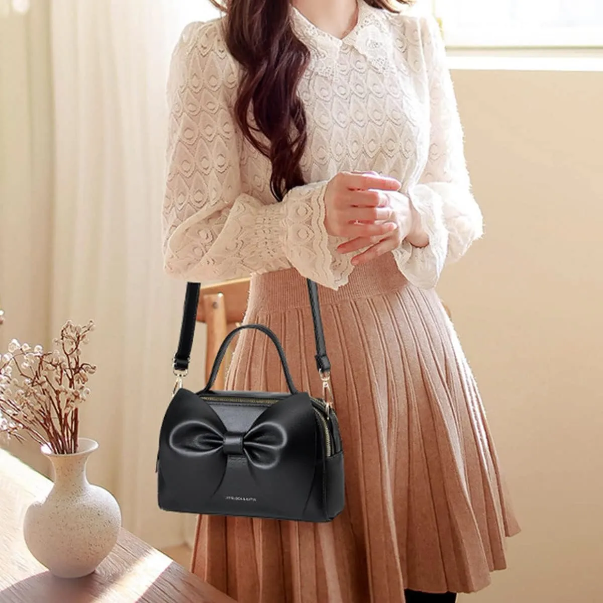 Shoulder Bag for Women PU Leather Purse Girls Bowknot Handbag Fashion Top-Handle Satchel Ladies Crossbody
