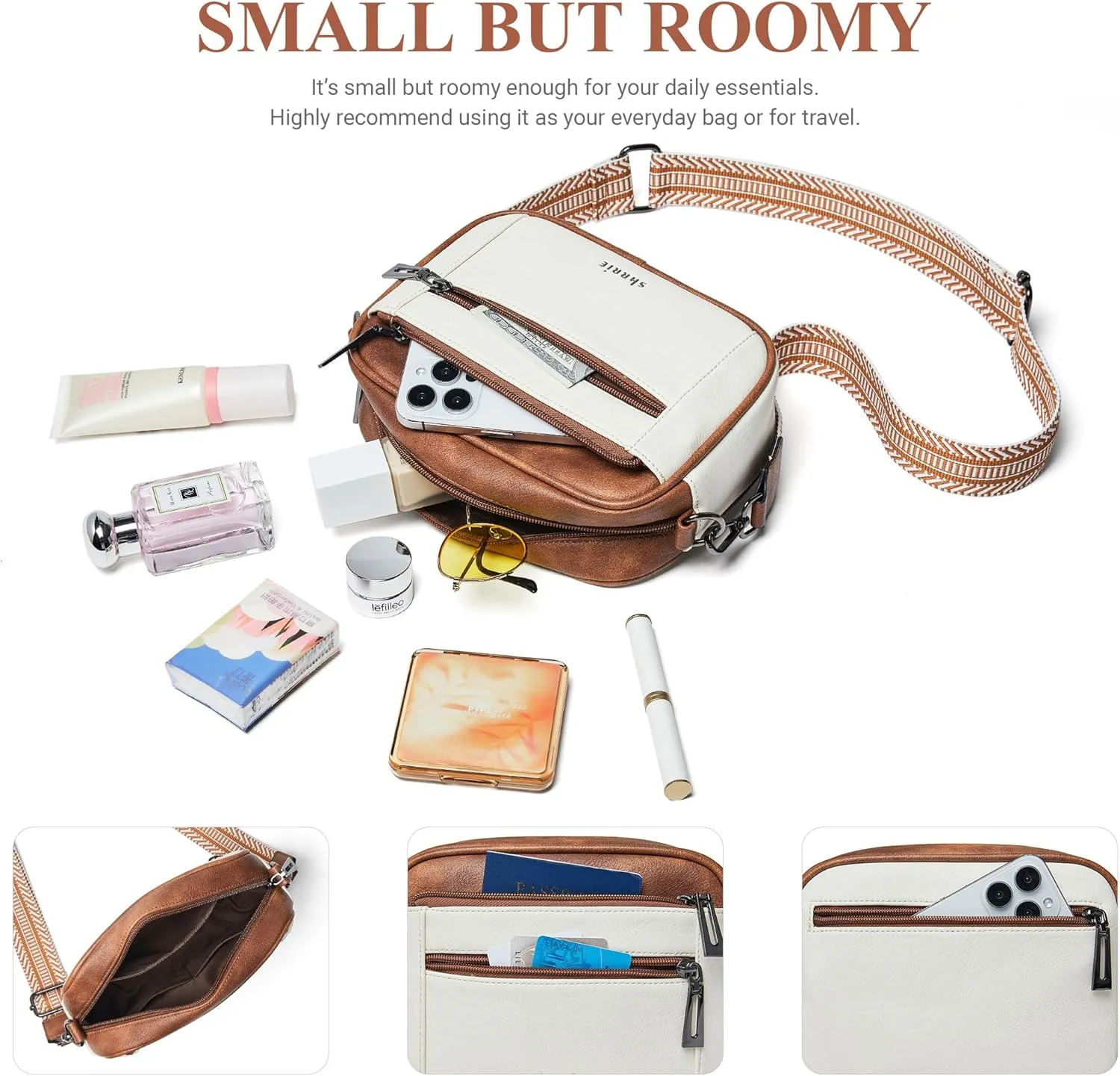 Shrrie Quilted Crossbody Bags for Women - Vegan Leather Crossbody Purses Triple Pocket Small Purses for Women Wide Strap