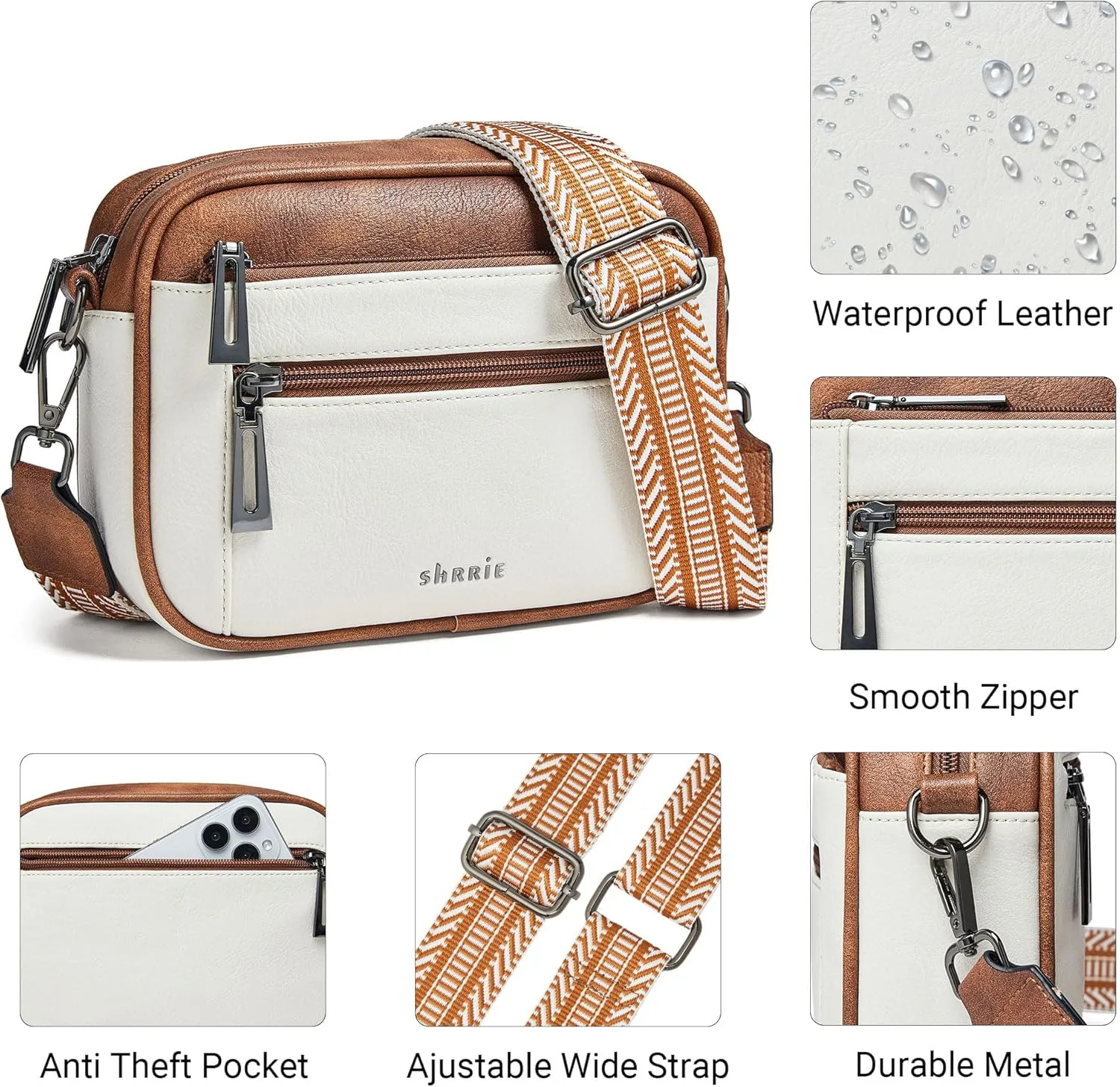 Shrrie Quilted Crossbody Bags for Women - Vegan Leather Crossbody Purses Triple Pocket Small Purses for Women Wide Strap