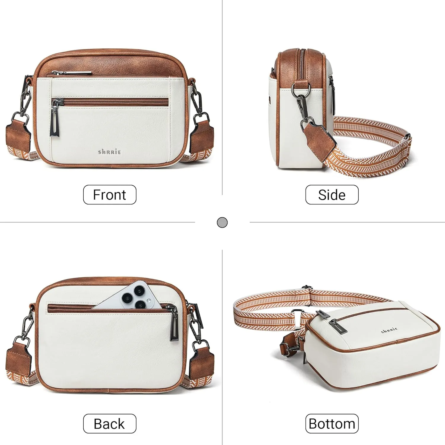 Shrrie Quilted Crossbody Bags for Women - Vegan Leather Crossbody Purses Triple Pocket Small Purses for Women Wide Strap