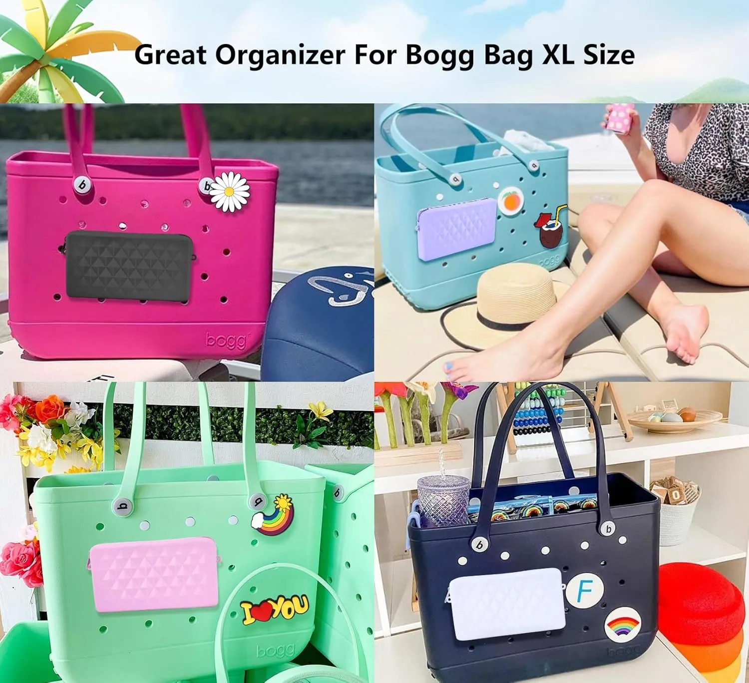 Silicone Pouch for Bogg Bag Accessories, Universal Phone Holder for Bogg Bag, Zipper Pouch Wallet with 4 Hooks Accessories Compatible with Simple Modern Beach Tote XL/L Size (Purple)