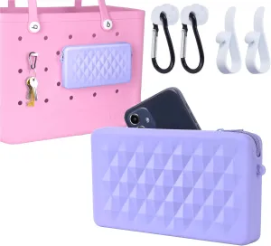 Silicone Pouch for Bogg Bag Accessories, Universal Phone Holder for Bogg Bag, Zipper Pouch Wallet with 4 Hooks Accessories Compatible with Simple Modern Beach Tote XL/L Size (Purple)