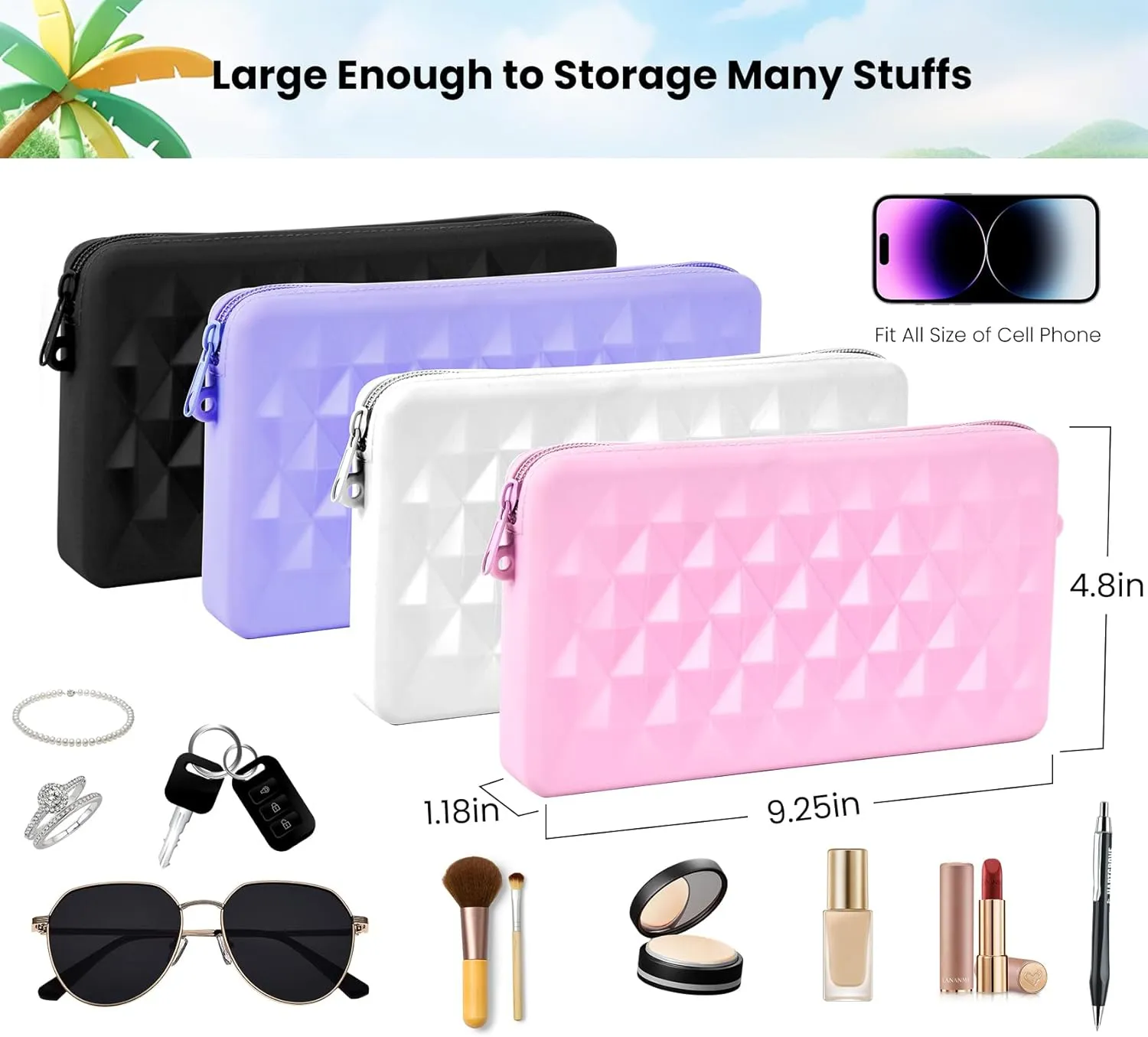 Silicone Pouch for Bogg Bag Accessories, Universal Phone Holder for Bogg Bag, Zipper Pouch Wallet with 4 Hooks Accessories Compatible with Simple Modern Beach Tote XL/L Size (Purple)