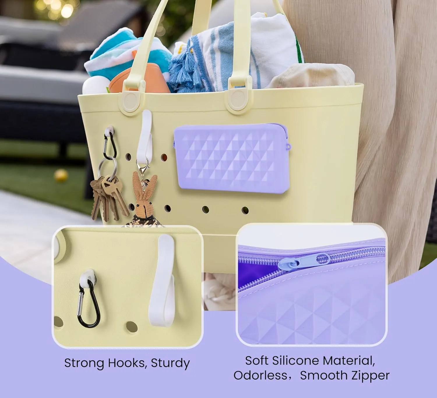 Silicone Pouch for Bogg Bag Accessories, Universal Phone Holder for Bogg Bag, Zipper Pouch Wallet with 4 Hooks Accessories Compatible with Simple Modern Beach Tote XL/L Size (Purple)