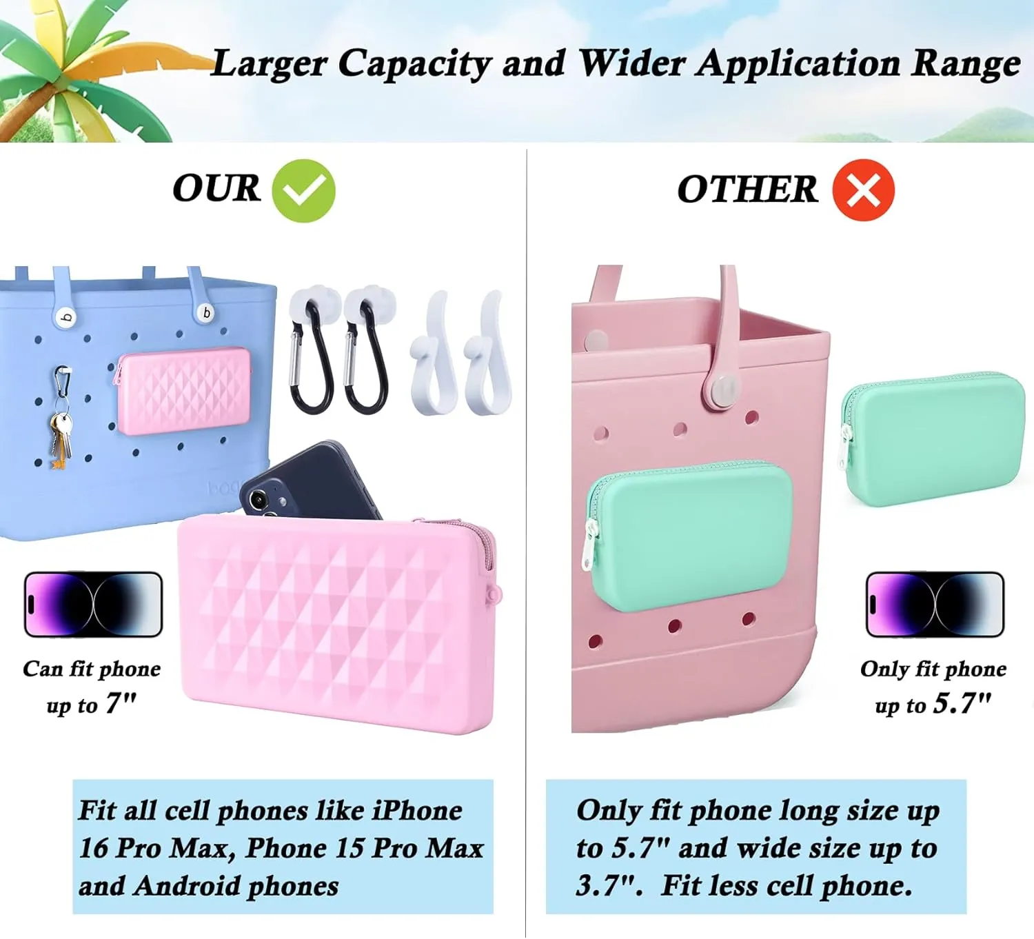 Silicone Pouch for Bogg Bag Accessories, Universal Phone Holder for Bogg Bag, Zipper Pouch Wallet with 4 Hooks Accessories Compatible with Simple Modern Beach Tote XL/L Size (Purple)