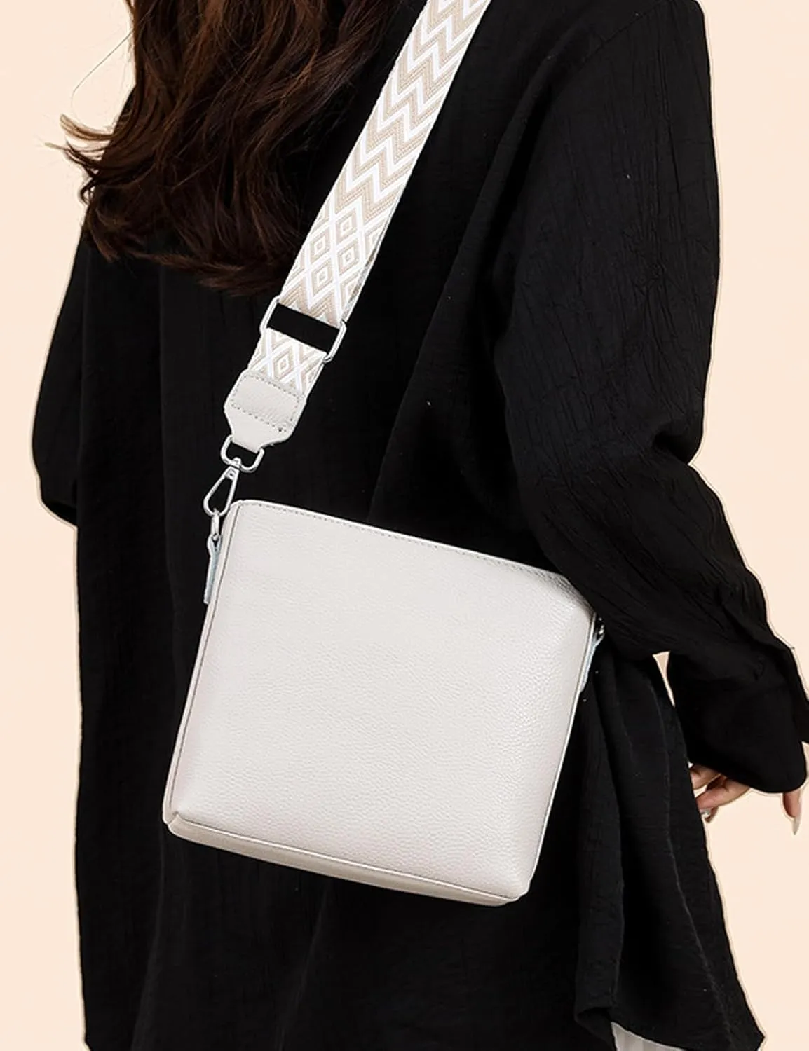 Simple Fashion Bucket Handbag For Women Real Genuine Leather Crossbody Shoulder Bags With Geometric Pattern Strap