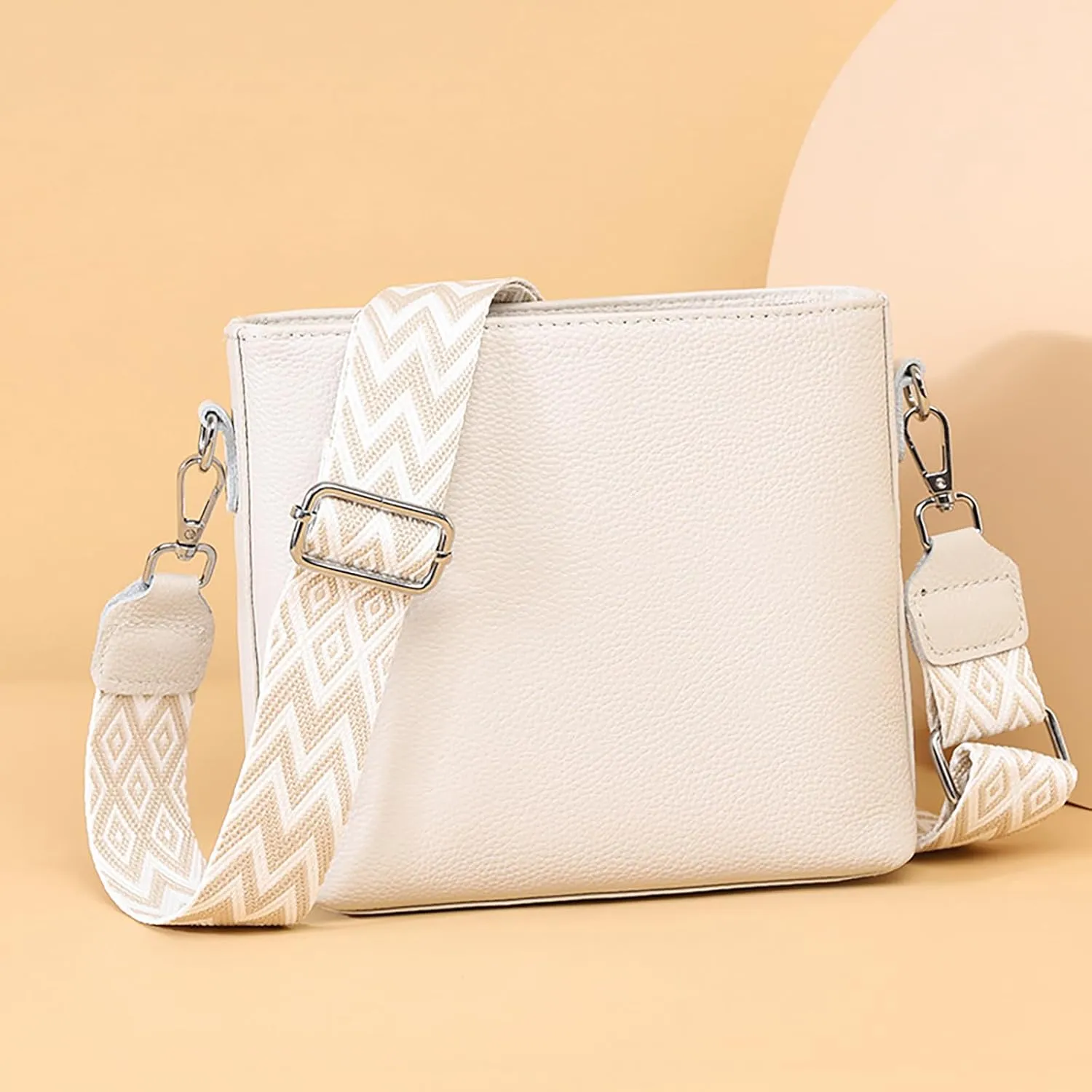 Simple Fashion Bucket Handbag For Women Real Genuine Leather Crossbody Shoulder Bags With Geometric Pattern Strap