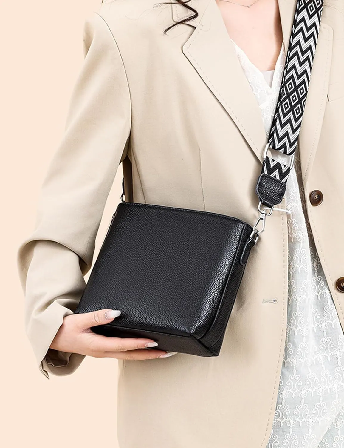 Simple Fashion Bucket Handbag For Women Real Genuine Leather Crossbody Shoulder Bags With Geometric Pattern Strap