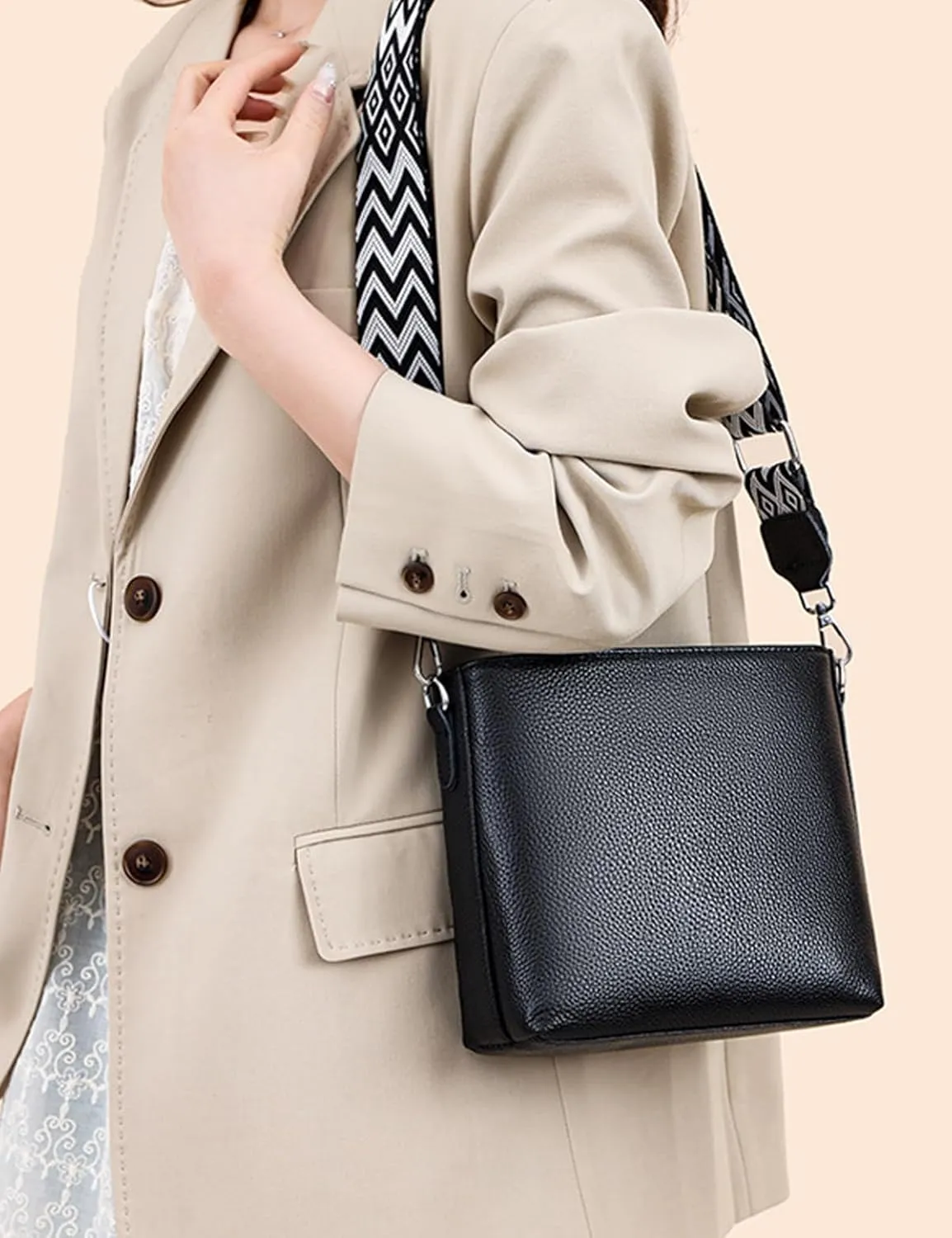Simple Fashion Bucket Handbag For Women Real Genuine Leather Crossbody Shoulder Bags With Geometric Pattern Strap