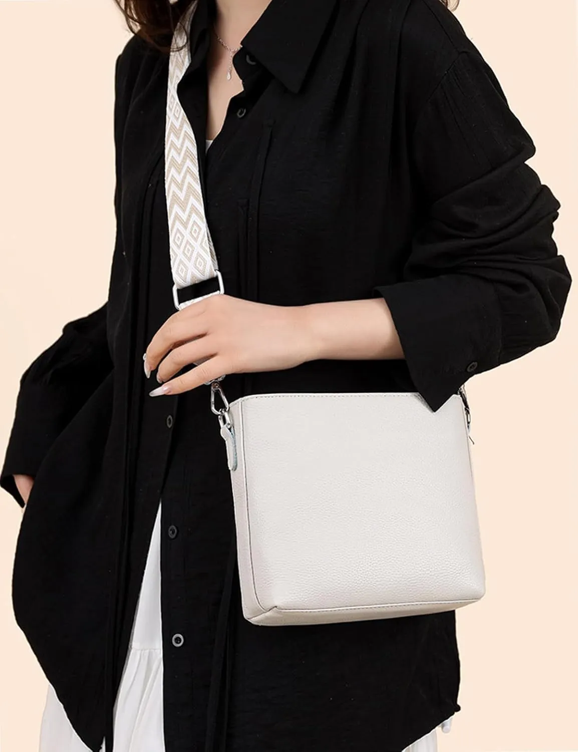 Simple Fashion Bucket Handbag For Women Real Genuine Leather Crossbody Shoulder Bags With Geometric Pattern Strap