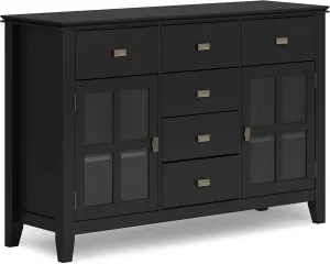 SIMPLIHOME Artisan Buffet - 54 inch Wide Solid Wood 3-Door Sideboard Buffet in Black, Contemporary Storage Cabinet for Dining Room or Kitchen with Adjustable Shelves and Bronze Hardware